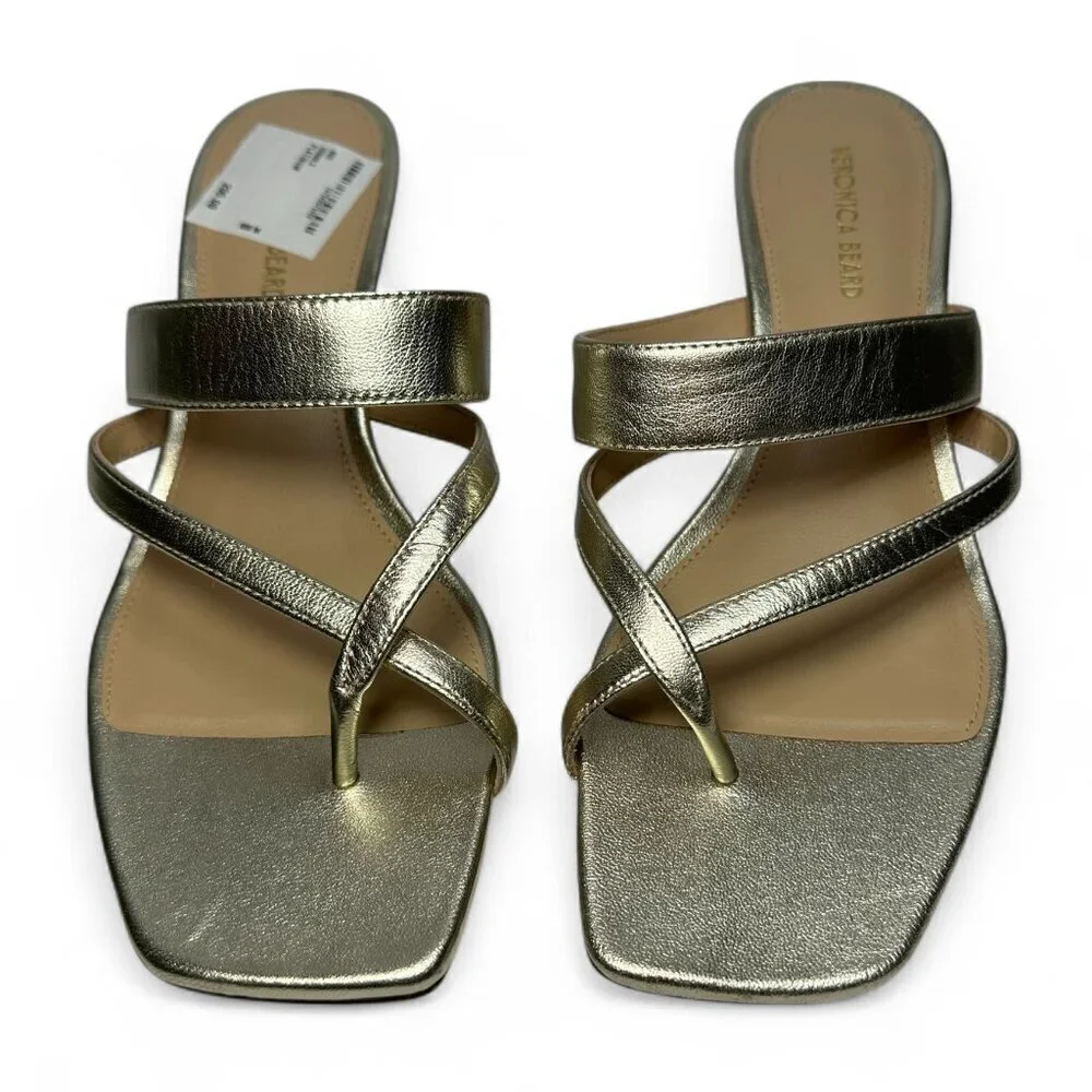 VERONICA BEARD Alanis Strappy Slip On Mid Heel Sandals, Gold, Size 8, NWOB